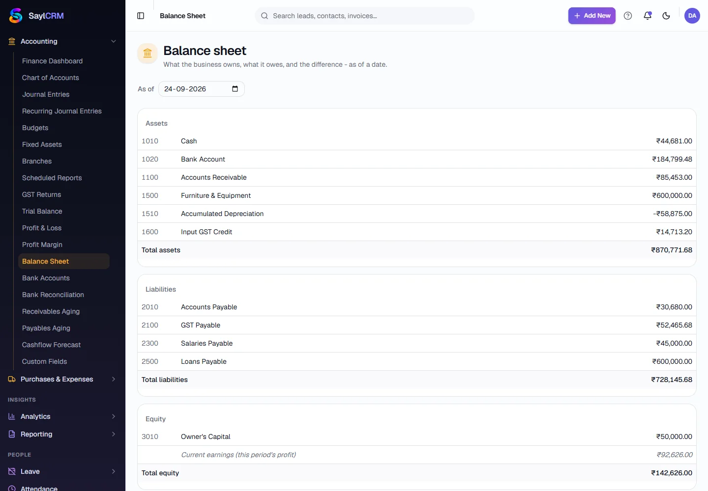 Balance Sheet - Open Balance Sheet