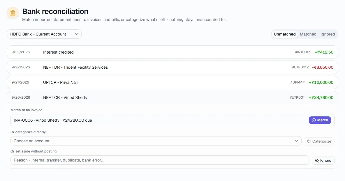 Bank Reconciliation - Match, categorize or ignore