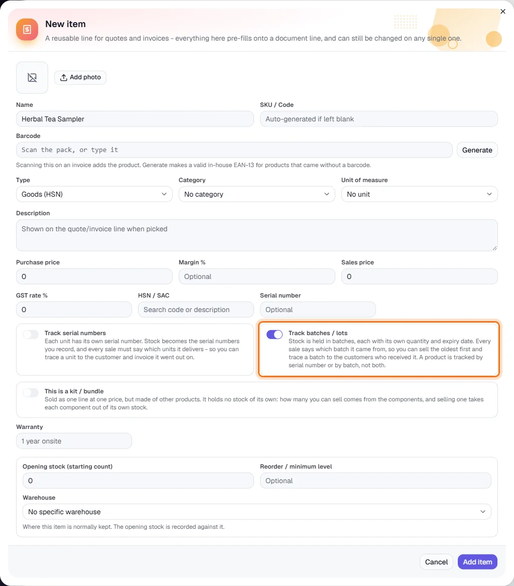 Batches & Expiry - 1 · Turn on tracking for the item