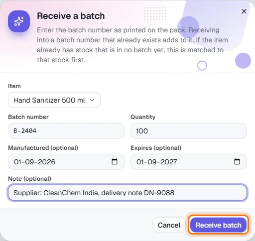 Batches & Expiry - 2 · Receive a batch