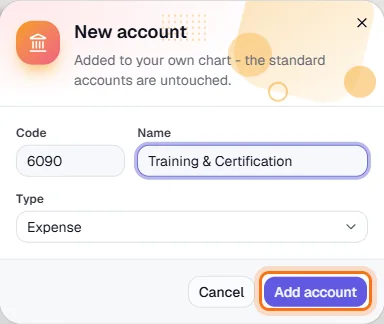 Chart of Accounts - Give it a code, name and type