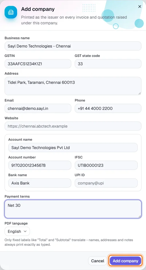 Companies - Enter the company's details