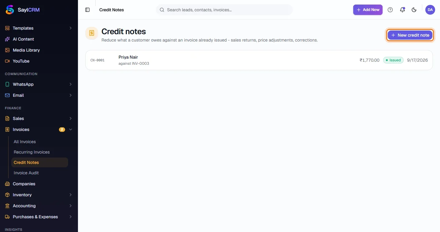 Credit Notes - Open Credit Notes
