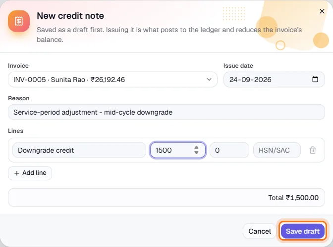 Credit Notes - Choose the invoice and give a reason