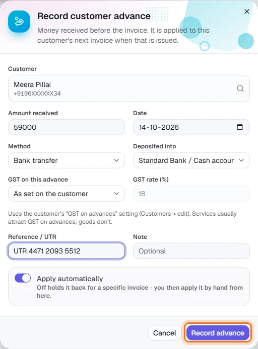 Customer Advances - Record the advance