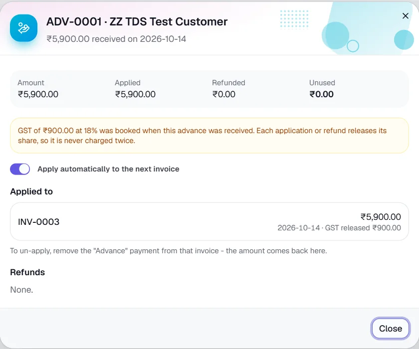 Customer Advances - Check that GST was not counted twice