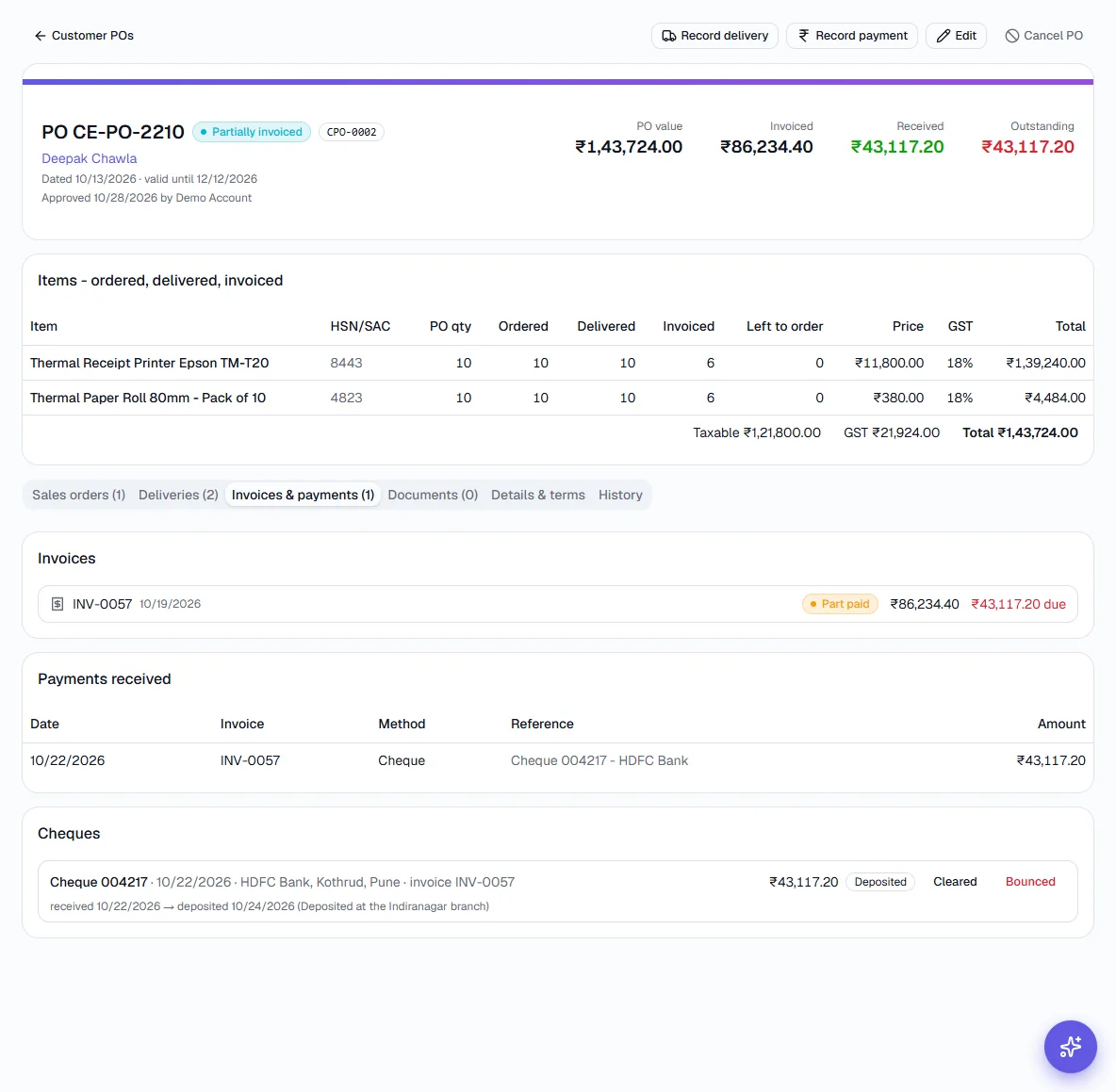 Customer POs - Record a payment