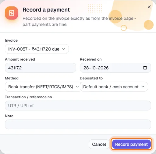 Customer POs - Fill in the payment