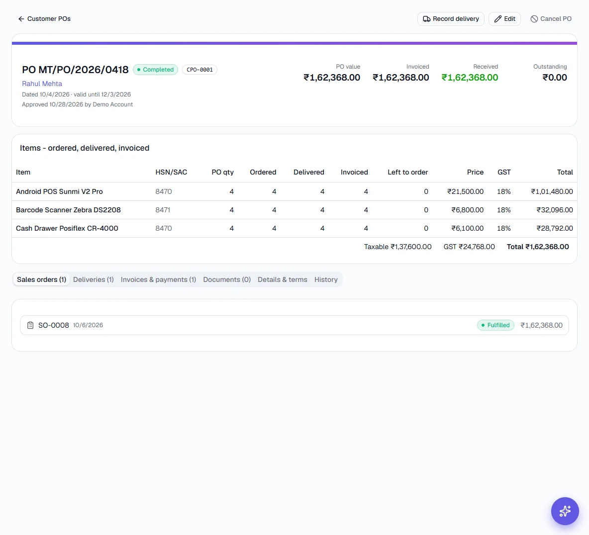 Customer POs - Completed POs