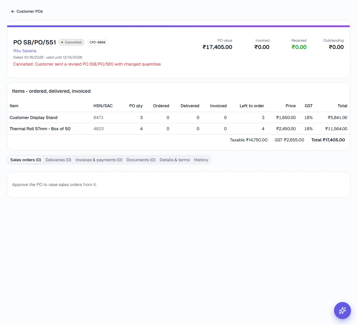 Customer POs - See a cancelled PO