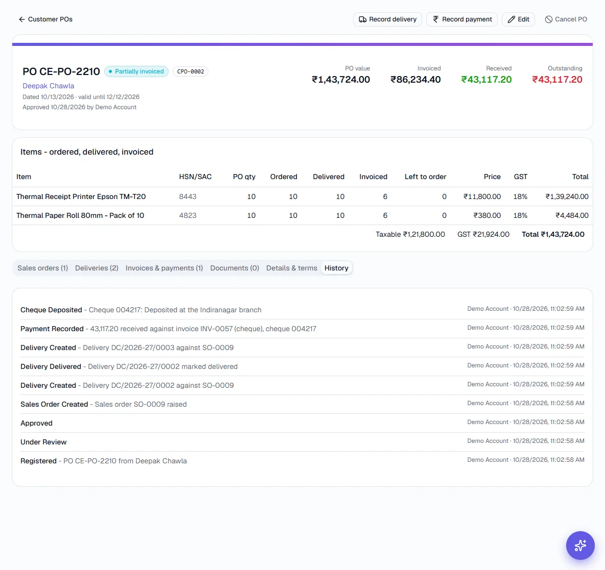 Customer POs - Check the details, terms and history