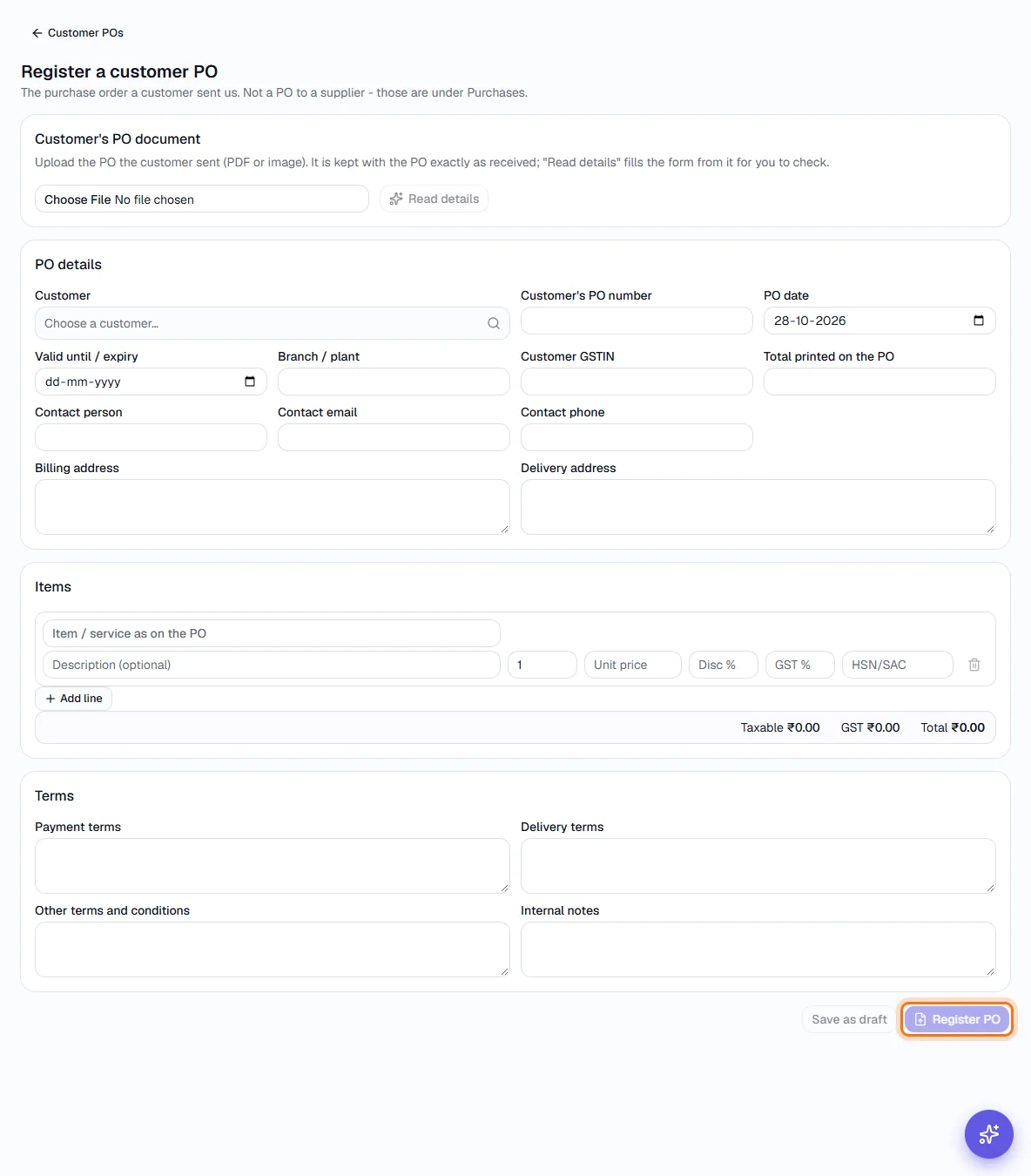 Customer POs - Click Register customer PO