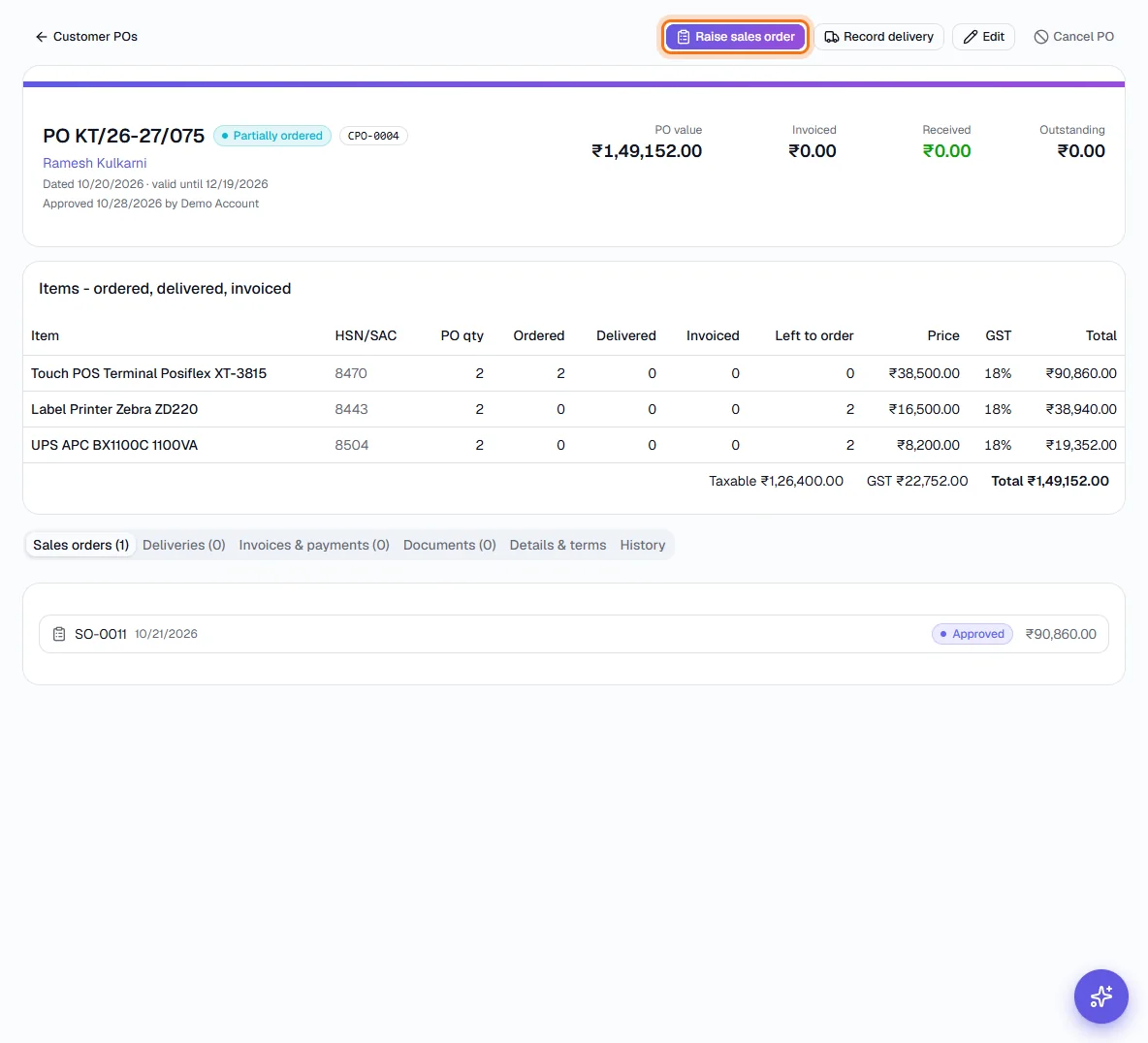 Customer POs - Read the progress cards and the items table