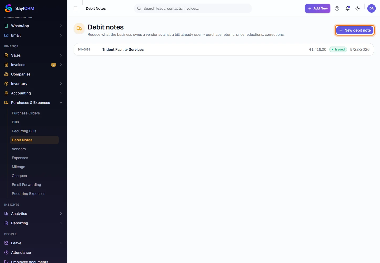 Debit Notes - Open Debit Notes