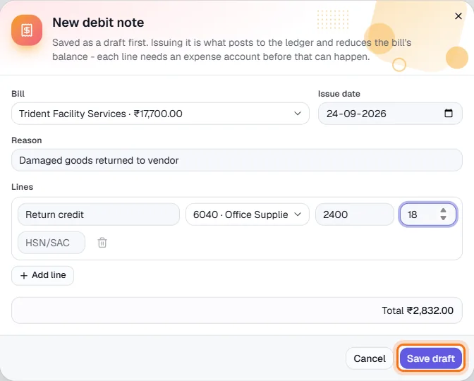 Debit Notes - Choose the bill and the reason