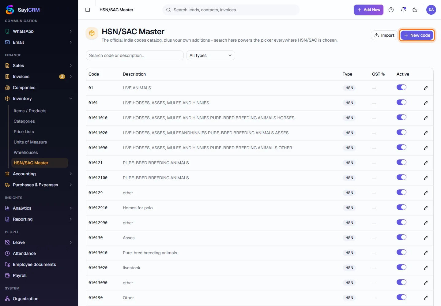 HSN/SAC Master - Open HSN/SAC Master