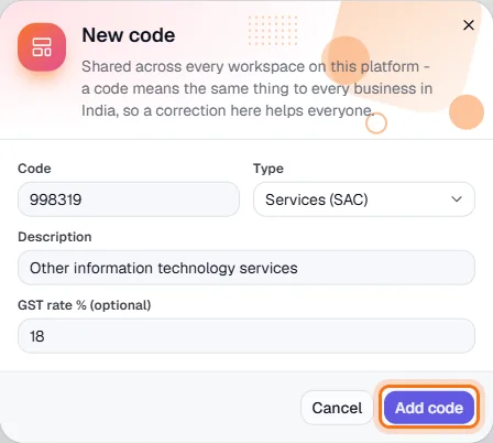 HSN/SAC Master - Enter the code
