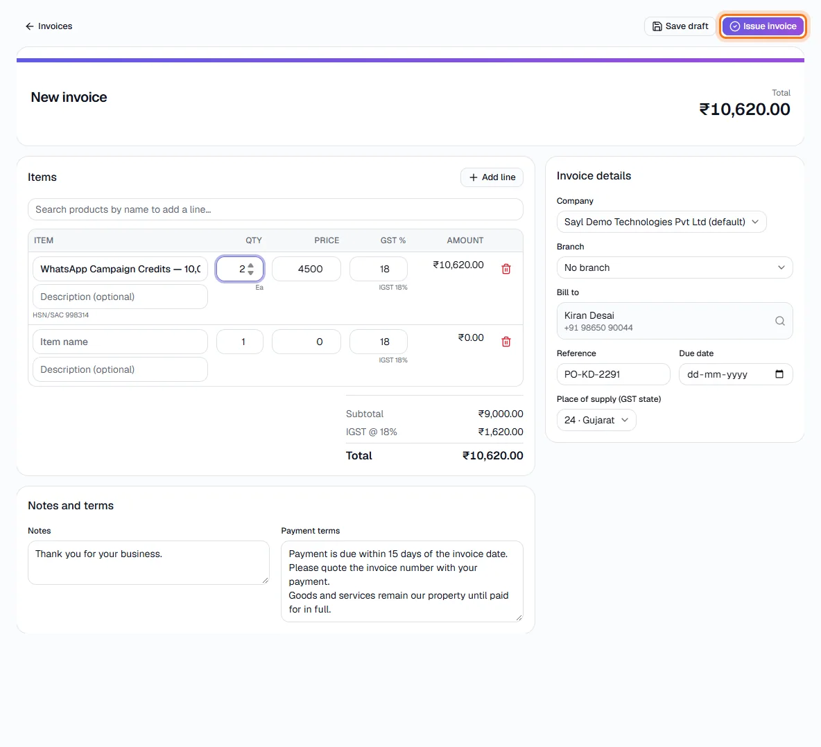 Invoices - Choose the customer and add items