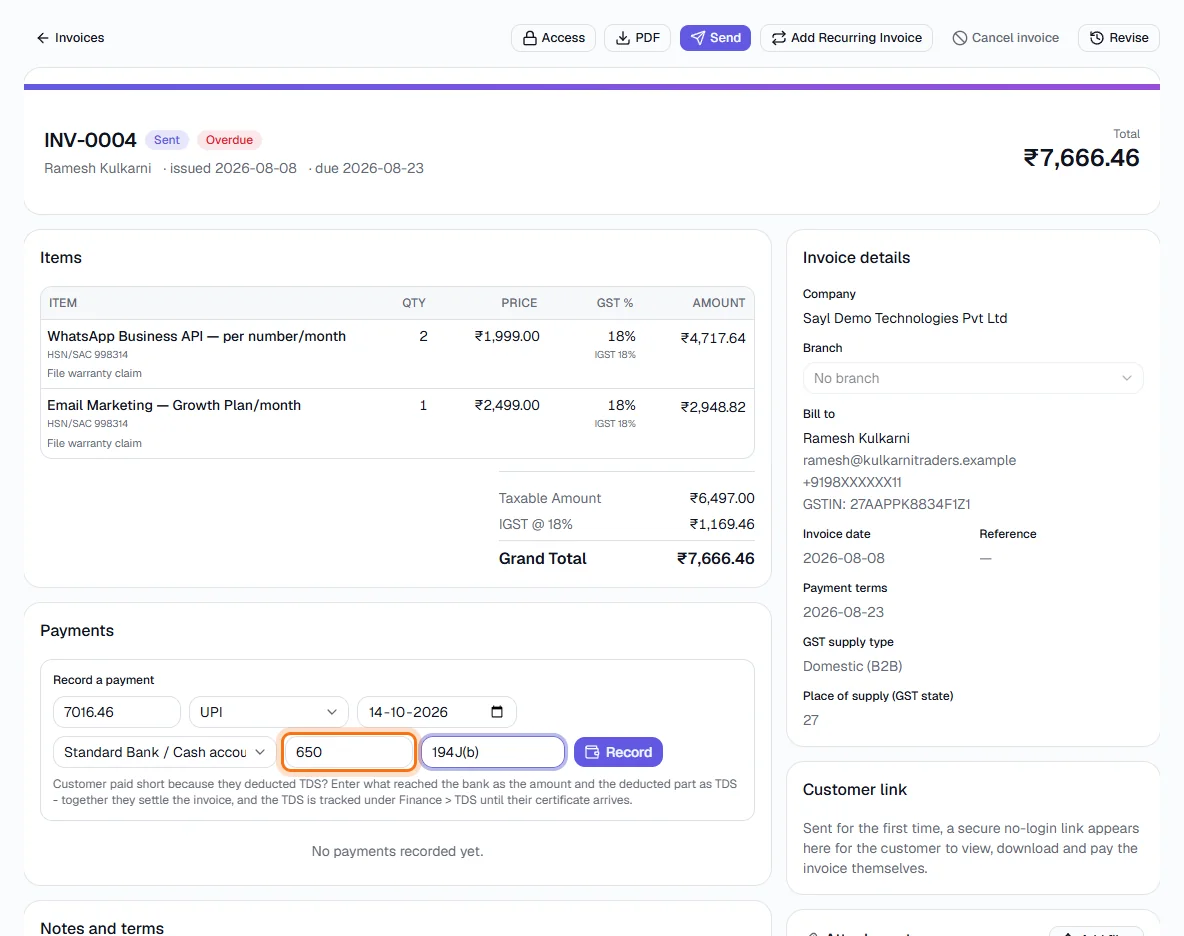 TDS - TDS deducted by a customer - record it on the invoice