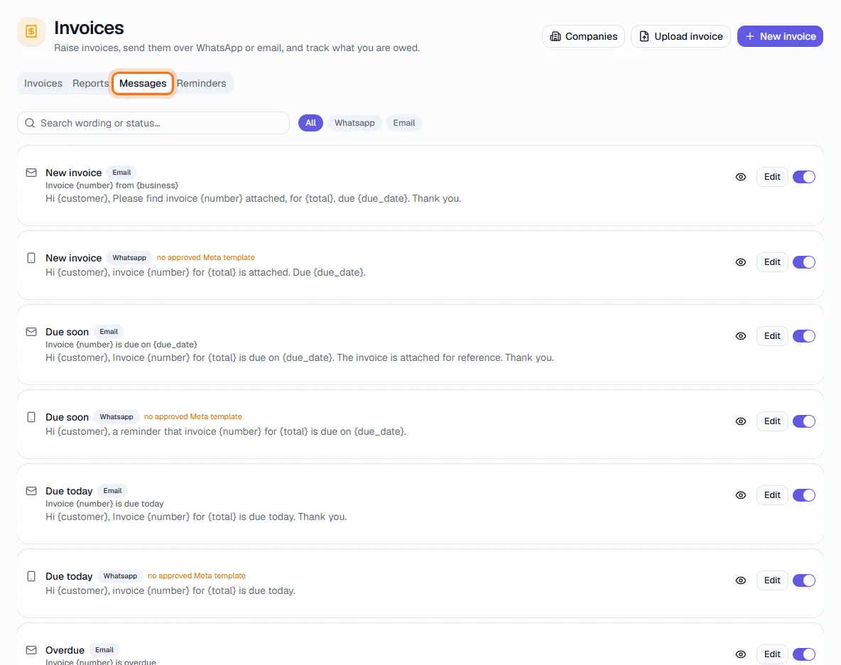 Invoices - Messages - the wording of each message, by channel