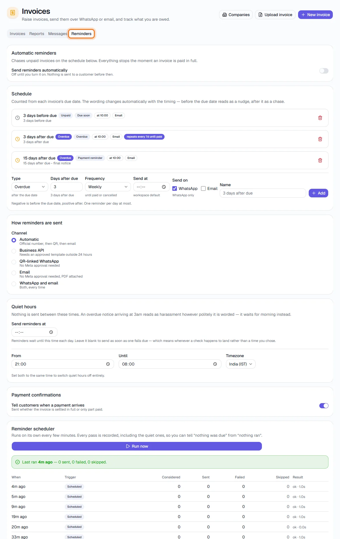 Invoices - Reminders - the automatic chase schedule (switch is off)