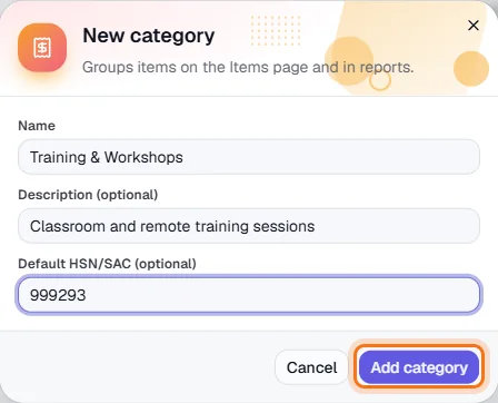 Categories - Name it and set a default code