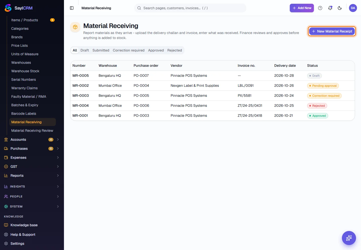 Material Receiving - Open Material Receiving