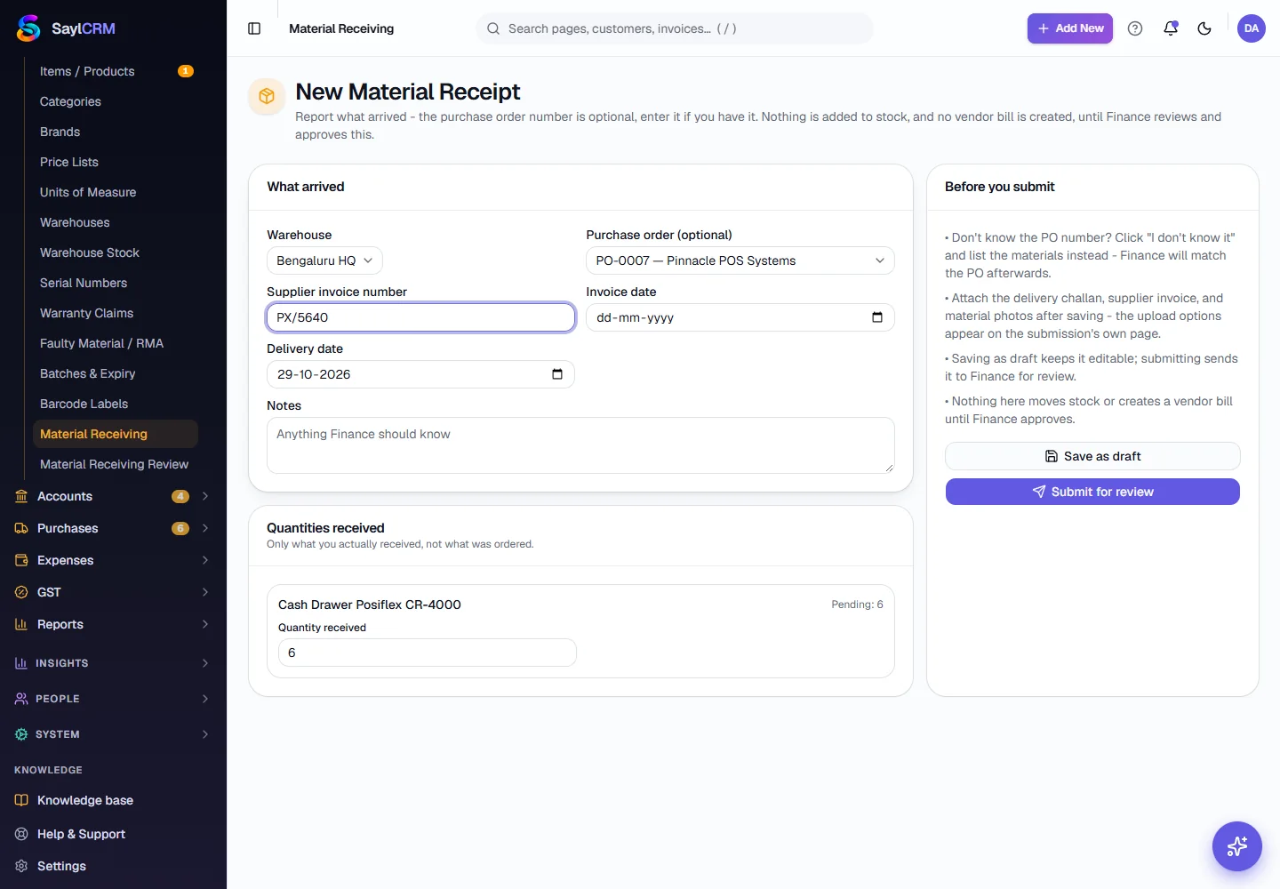 Material Receiving - Report what arrived