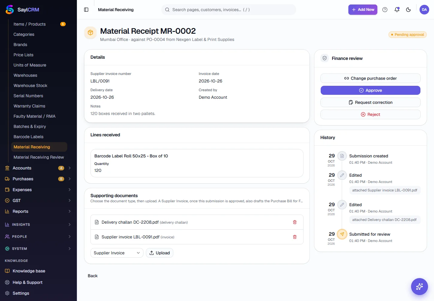 Material Receiving - Attach the paperwork