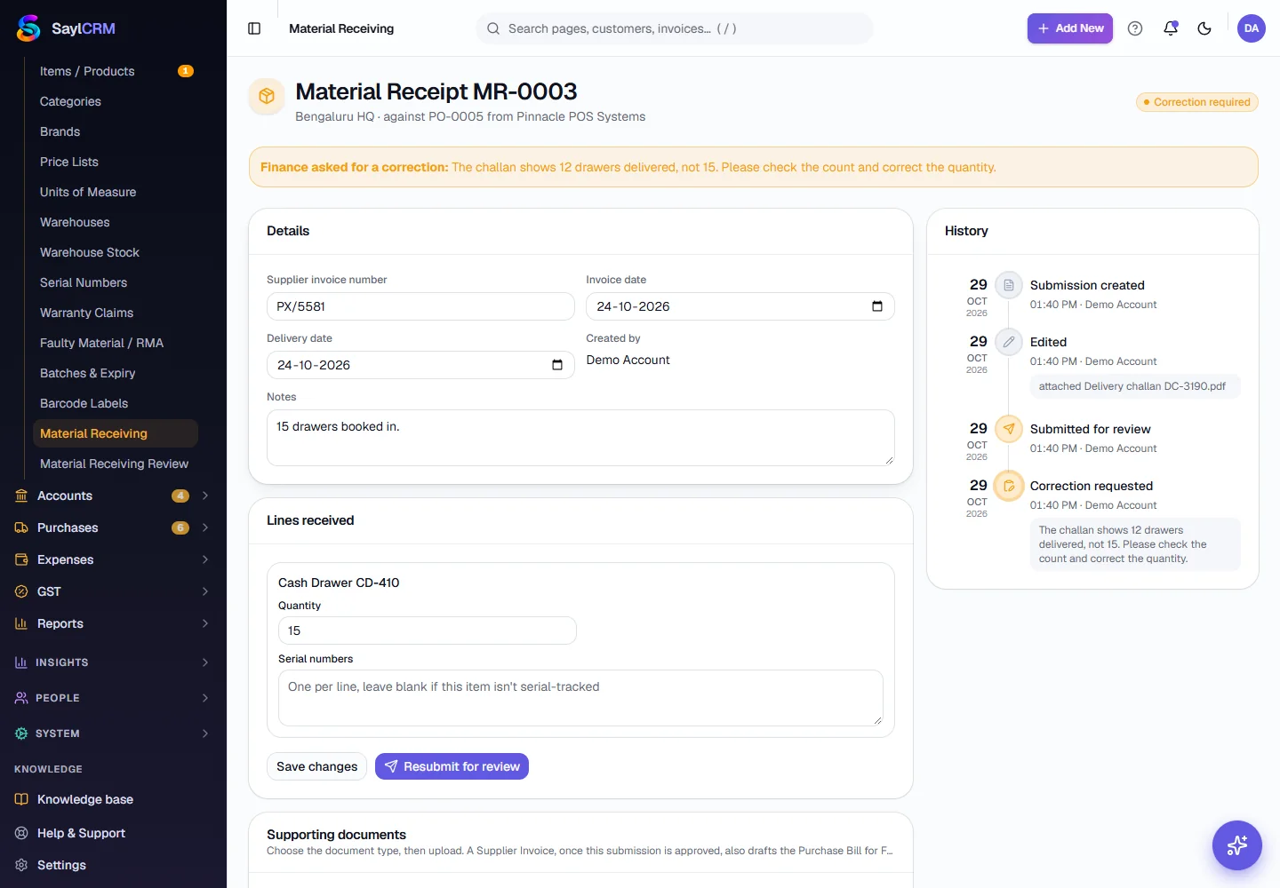 Material Receiving - Correct a receipt Finance sent back