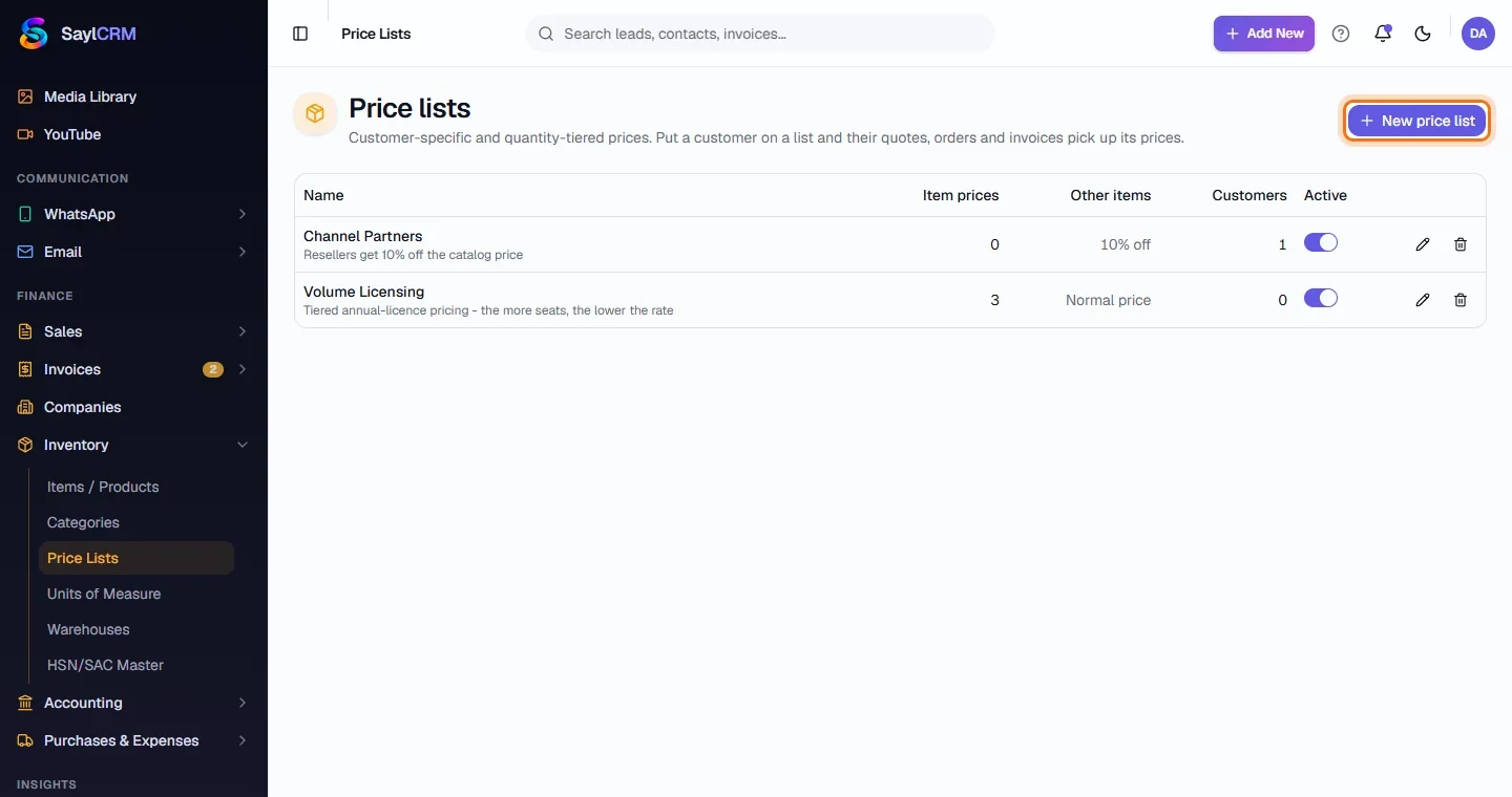 Price Lists - Open Price Lists