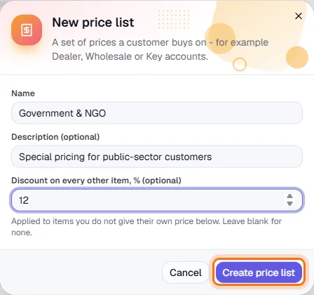 Price Lists - Name the list and set a blanket discount