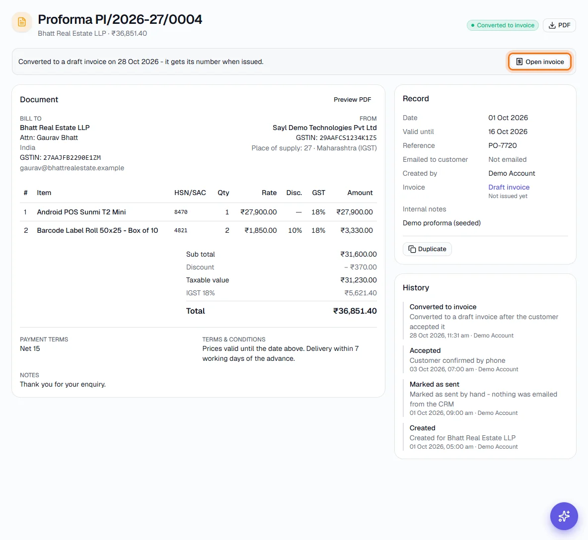 Proforma Invoices - Follow a converted proforma