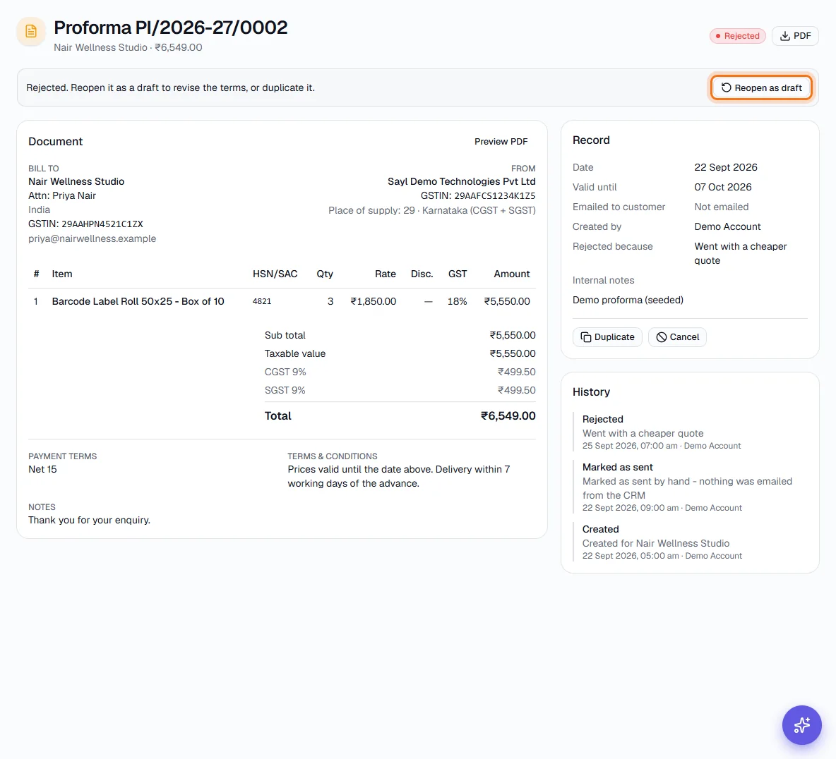 Proforma Invoices - A rejected proforma
