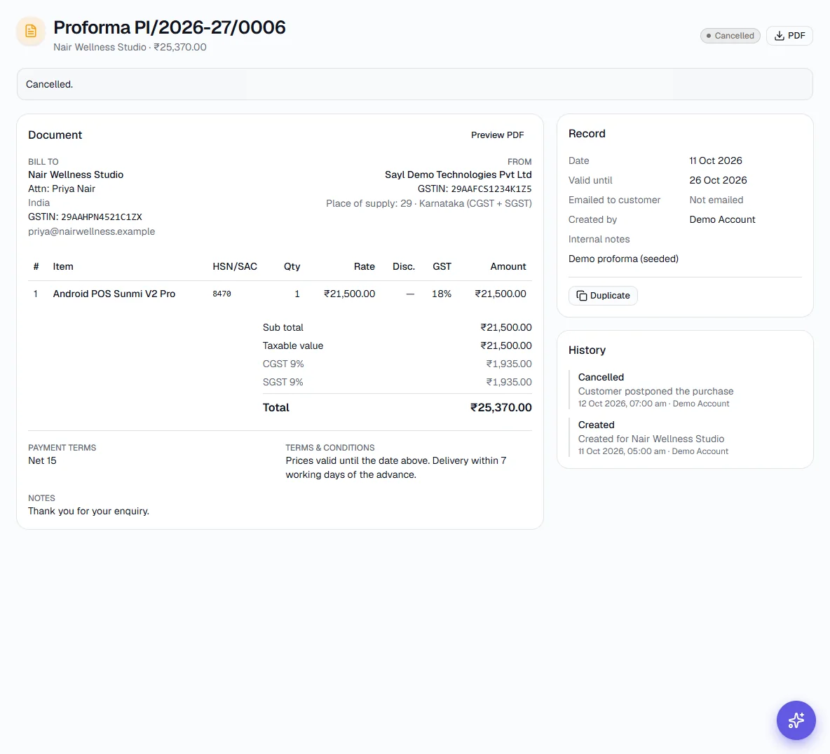 Proforma Invoices - A cancelled proforma