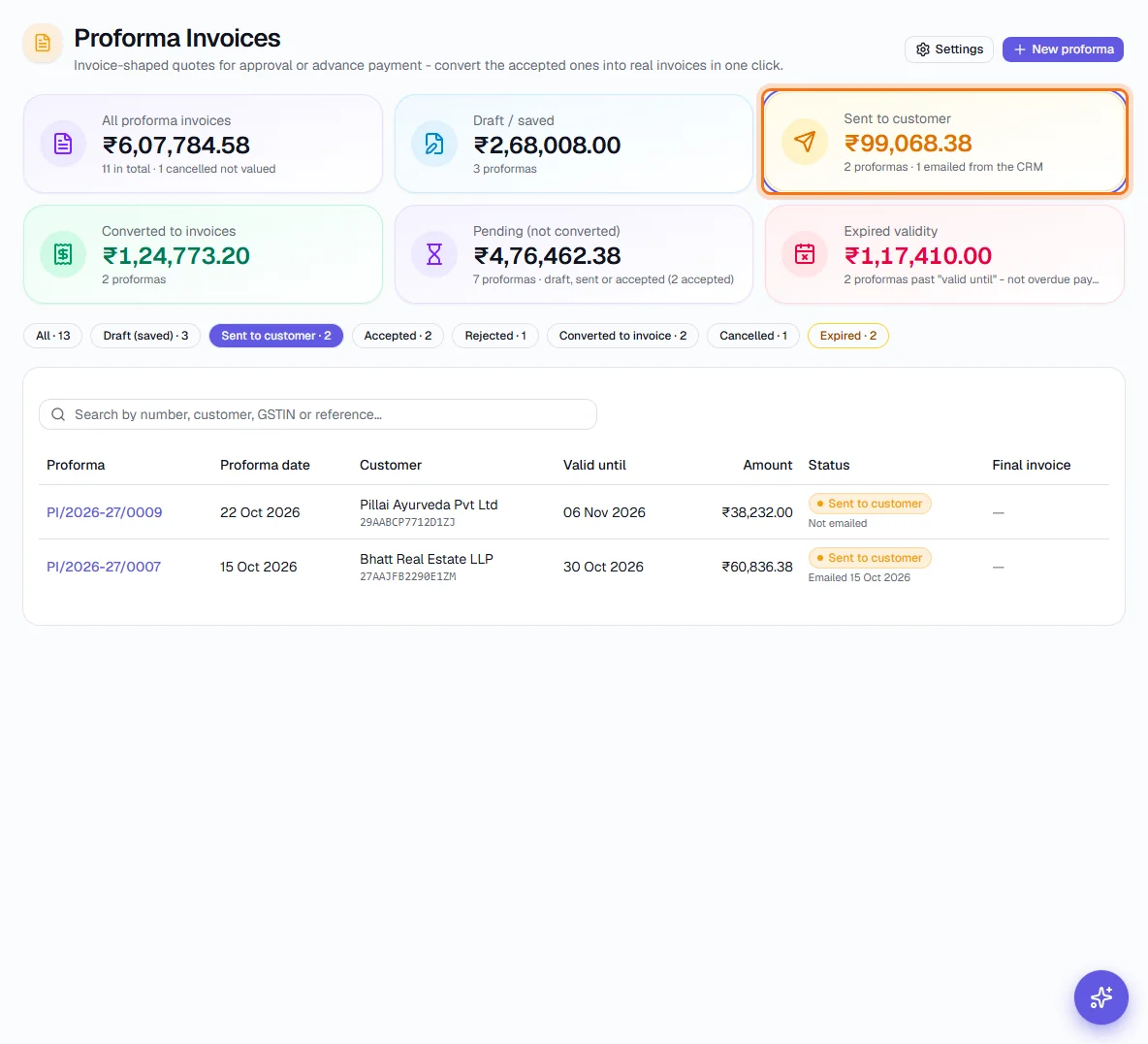Proforma Invoices - Filter and search