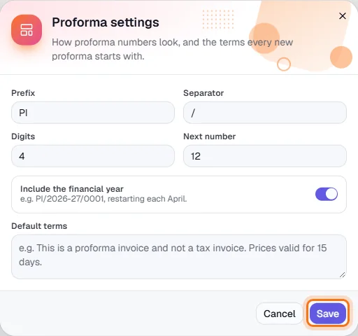 Proforma Invoices - Set the numbering and default terms