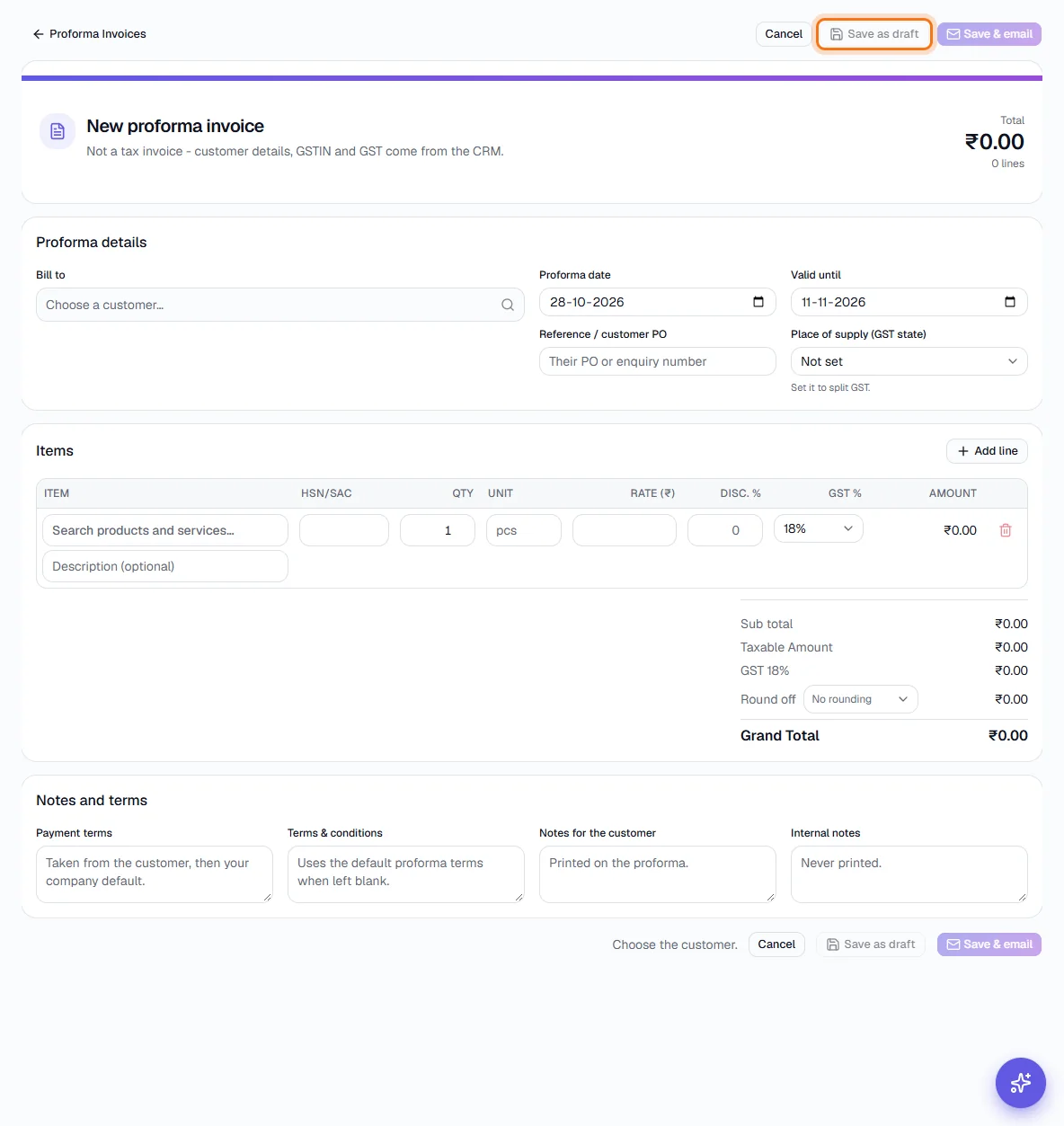 Proforma Invoices - Click New proforma