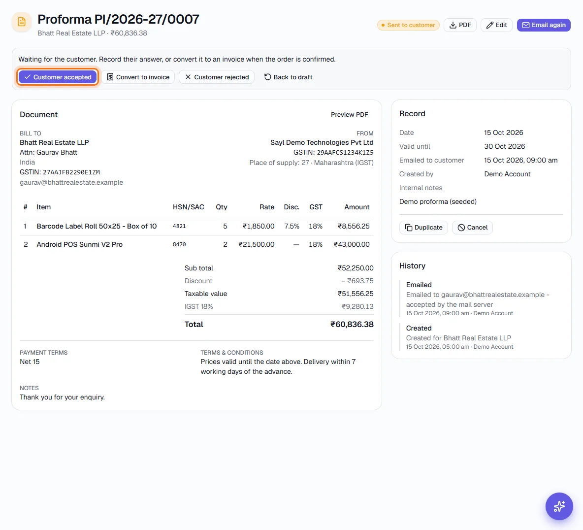 Proforma Invoices - Record the customer's answer