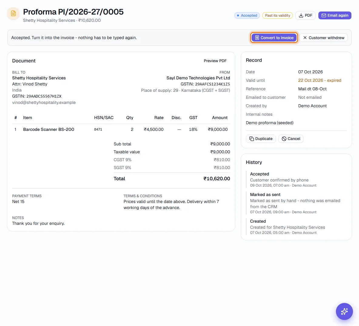 Proforma Invoices - Convert an accepted proforma
