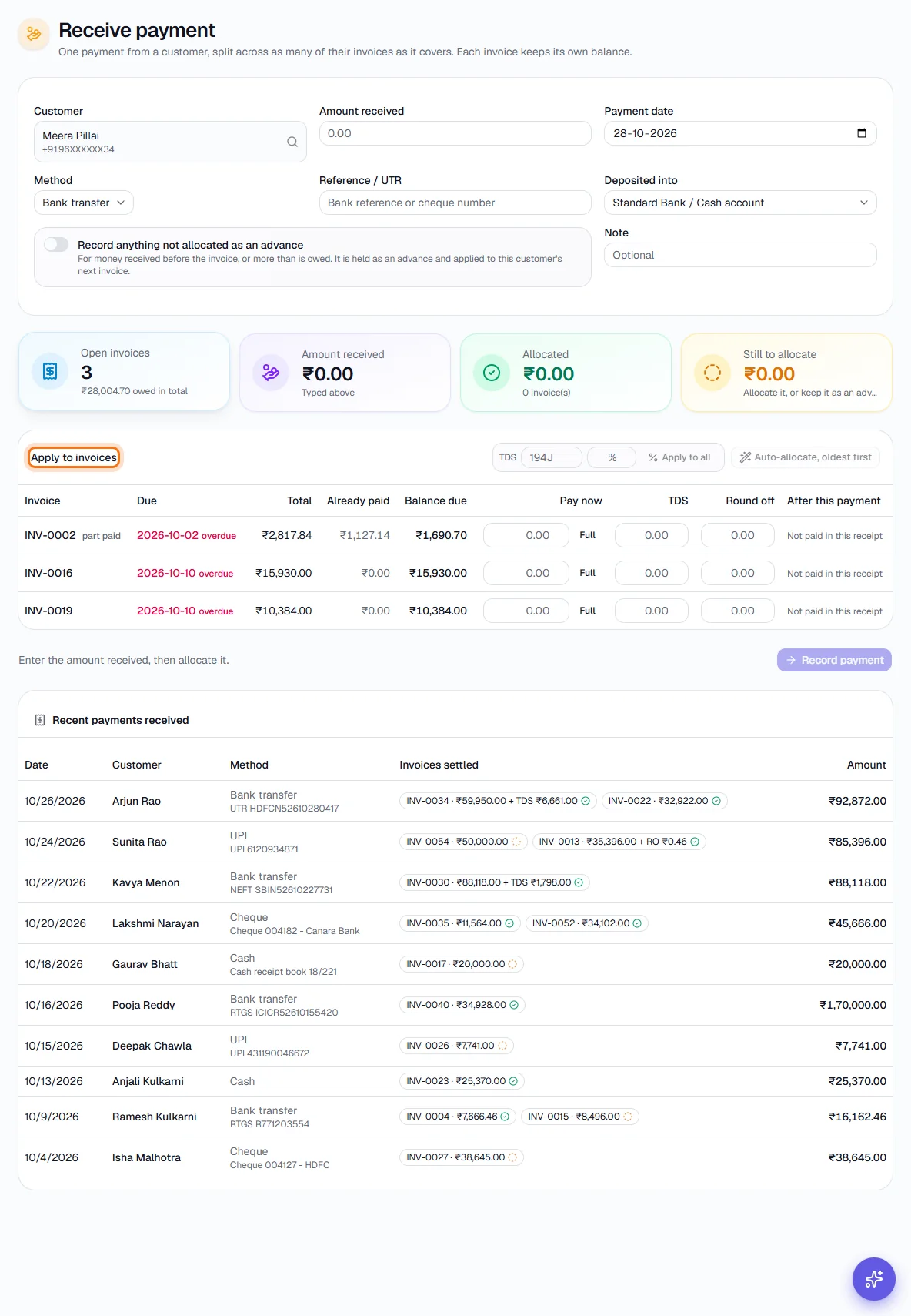 Receive Payment - Choose the customer