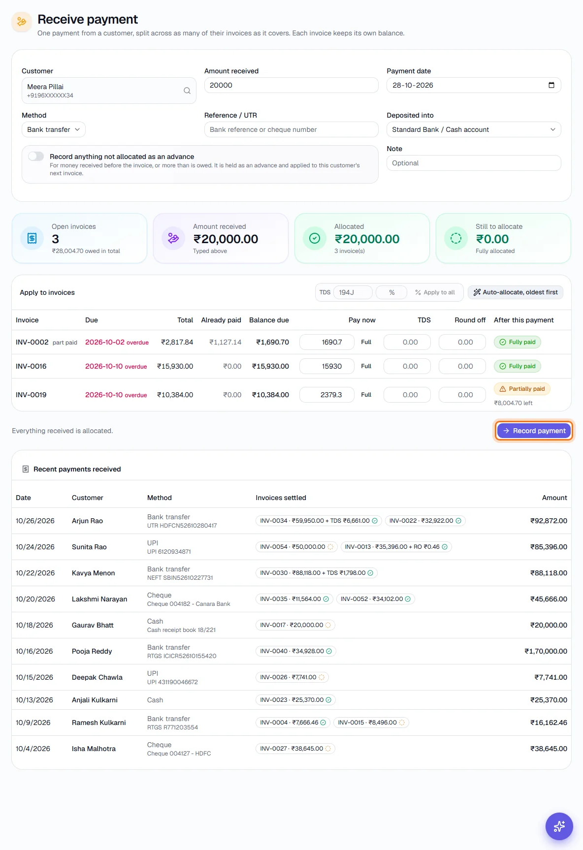 Receive Payment - Allocate it to invoices