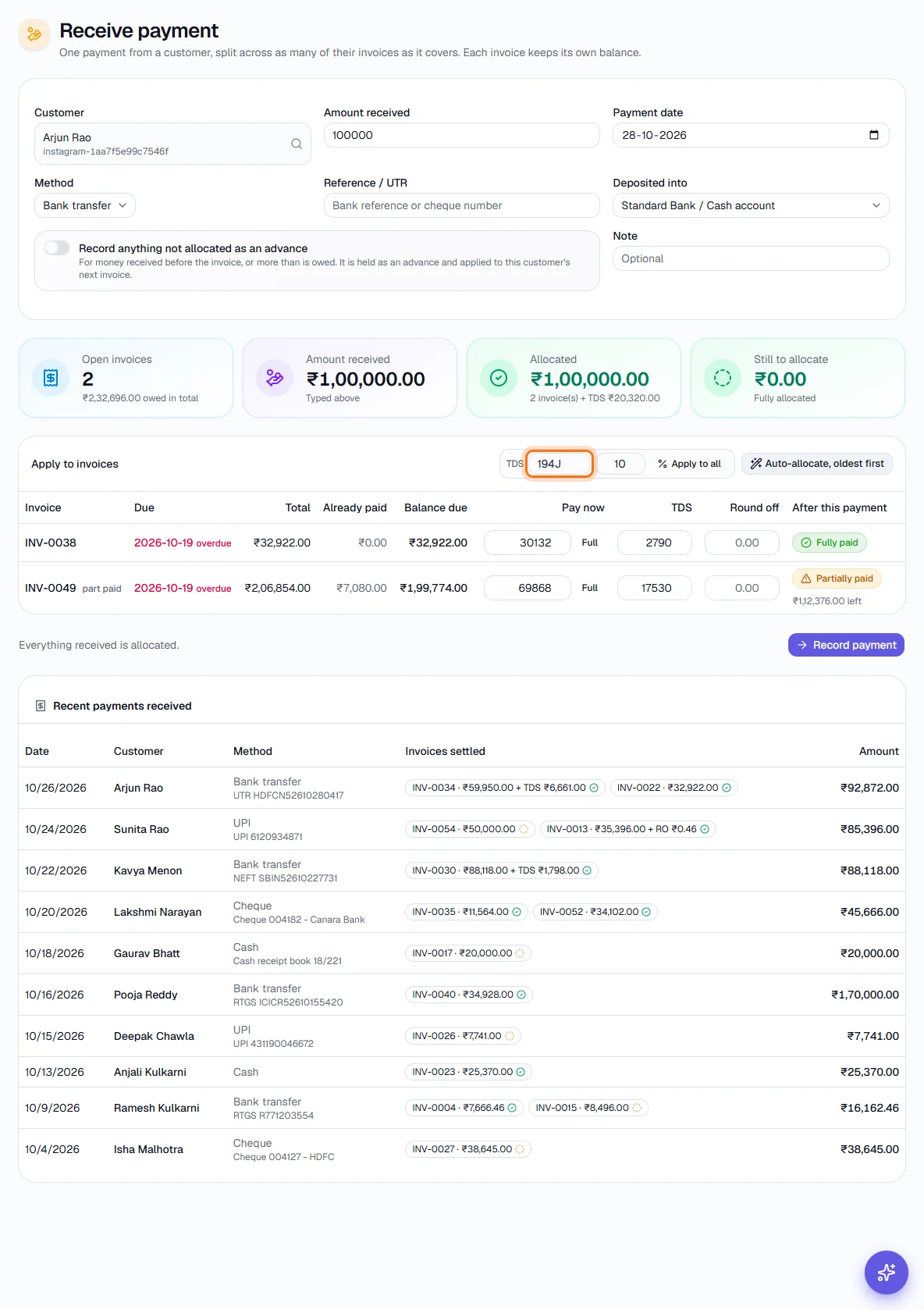 Receive Payment - Record TDS the customer deducted