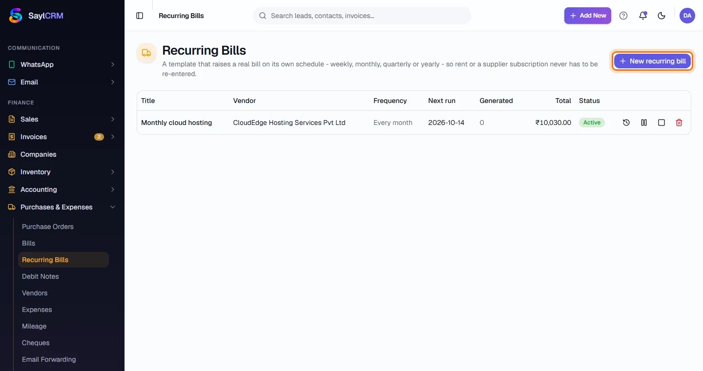 Recurring Bills - Open Recurring Bills