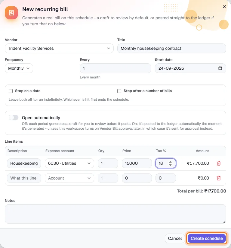 Recurring Bills - Choose the vendor and schedule