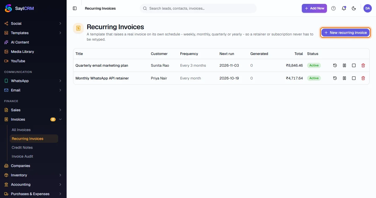 Recurring Invoices - Open Recurring Invoices