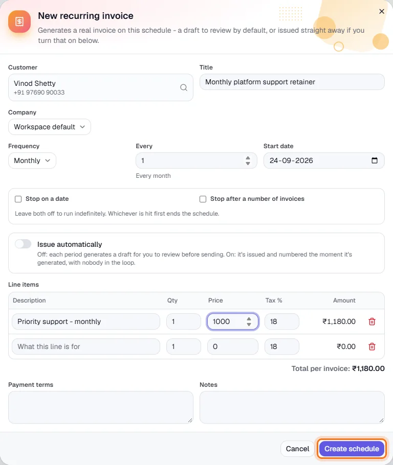 Recurring Invoices - Set the customer and schedule