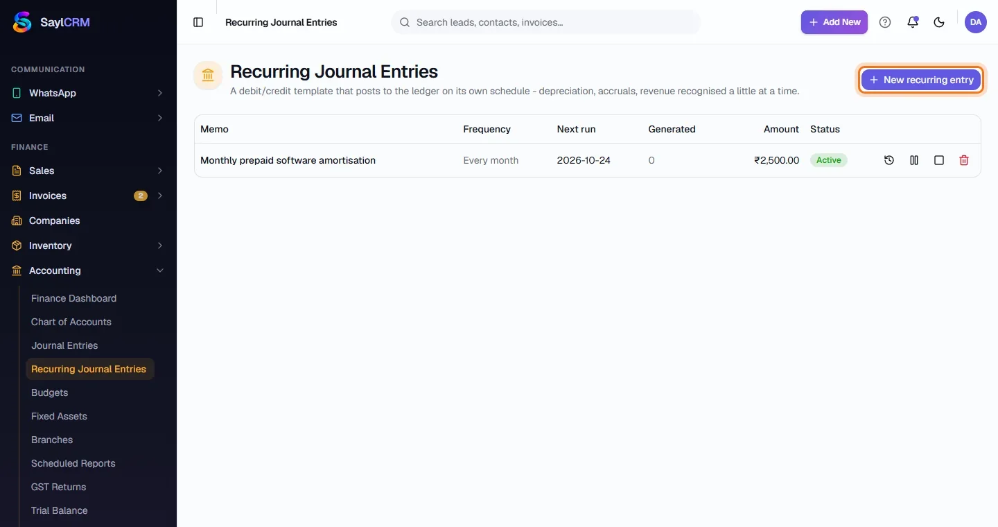 Recurring Journal Entries - Open Recurring Journal Entries