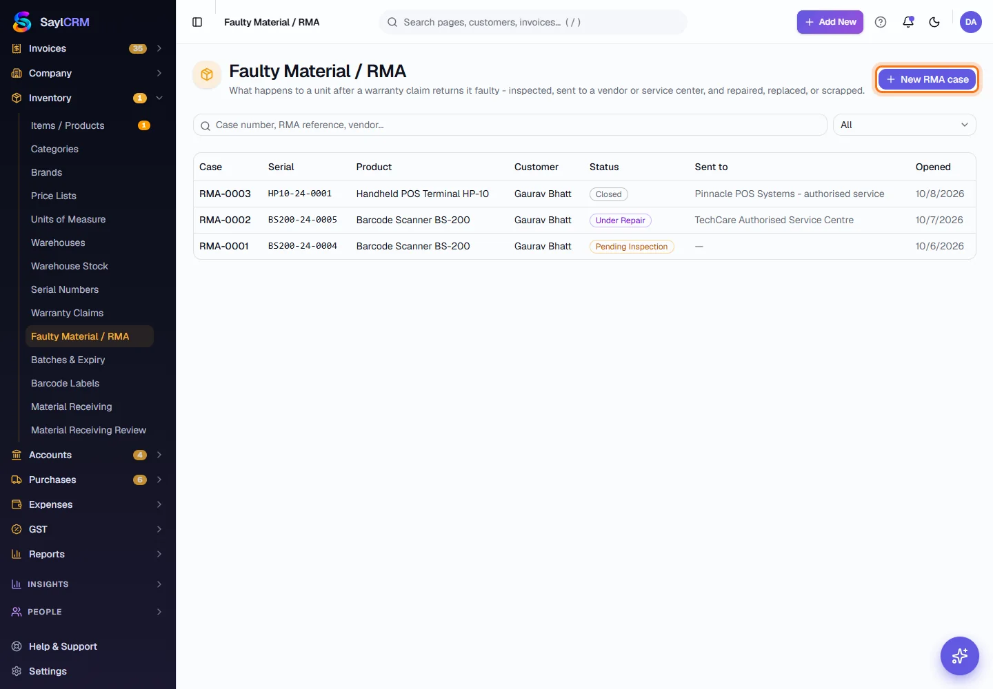 Faulty Material / RMA - Open Faulty Material / RMA