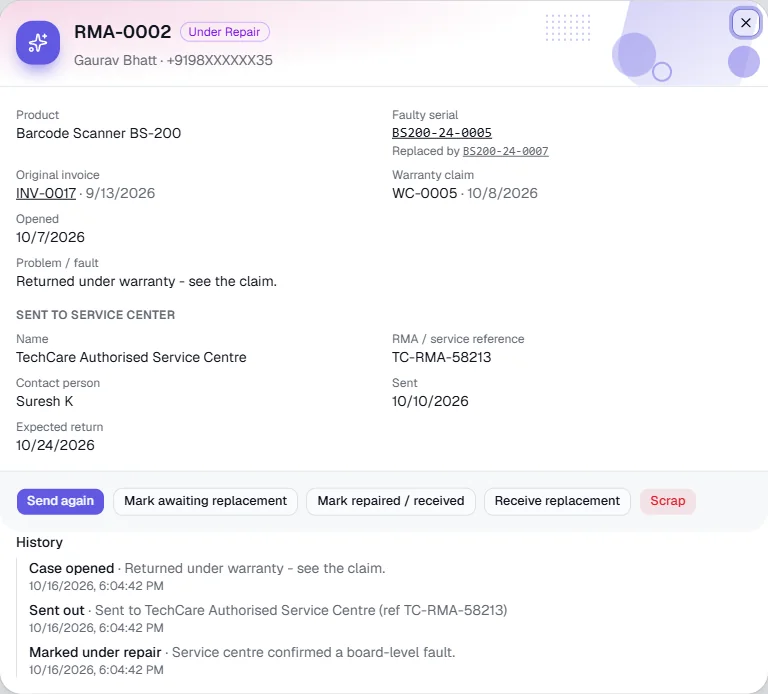 Faulty Material / RMA - Track the repair and receive it back